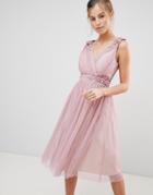 Little Mistress Mesh Prom Dress With Floral Applique And Pearl Trim - Pink