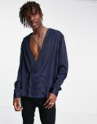 Asos Design Satin Shirt With Double Breasted Front In Navy