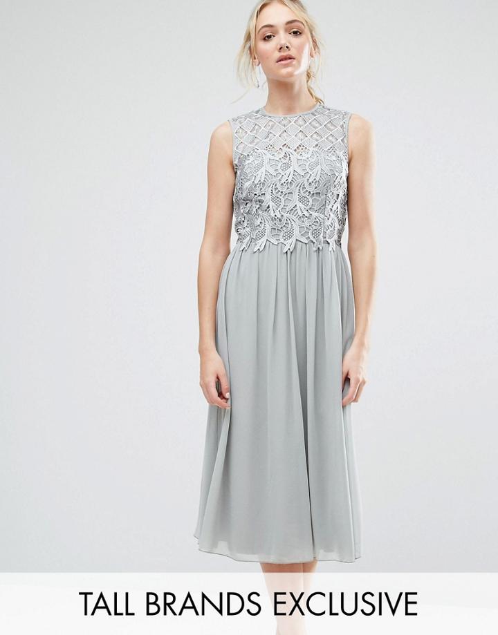 Little Mistress Tall Premium Lace Top Midi Skater Dress - Gray
