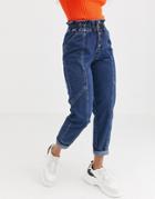 River Island Paperbag Jeans With Button Detail In Mid Wash Blue
