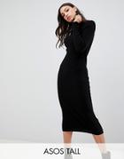 Asos Design Tall High Neck Rib Midi Dress - Black