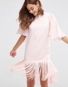 Asos Flutter Sleeve Mini T Shirt Dress With Fringe Hem - Nude
