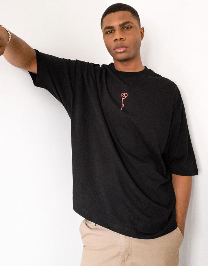 Asos Design Oversized T-shirt In Black With Rose Print