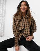 Ghospell Blouse With Puff Sleeves And Bow In Brown Check