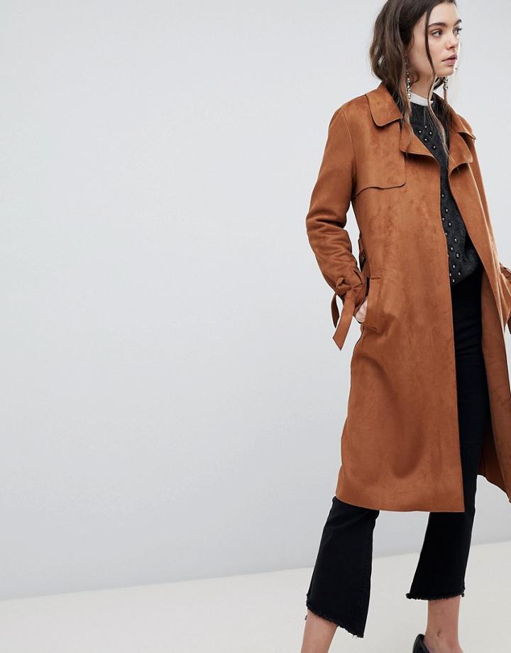 New Look Sueduette Tie Sleeve Trench - Pink