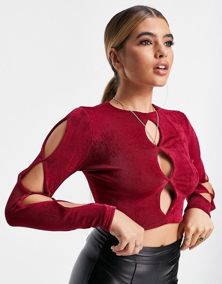 Asos Design Cut Out Long Sleeve Top In Cranberry-pink