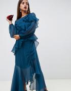 Asos Design Ruffle Maxi Dress With 70s Balloon Sleeve - Blue