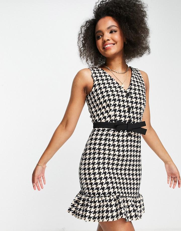 Little Mistress Check Belted Boucle Mini Dress With Peplum In Monochrome-multi