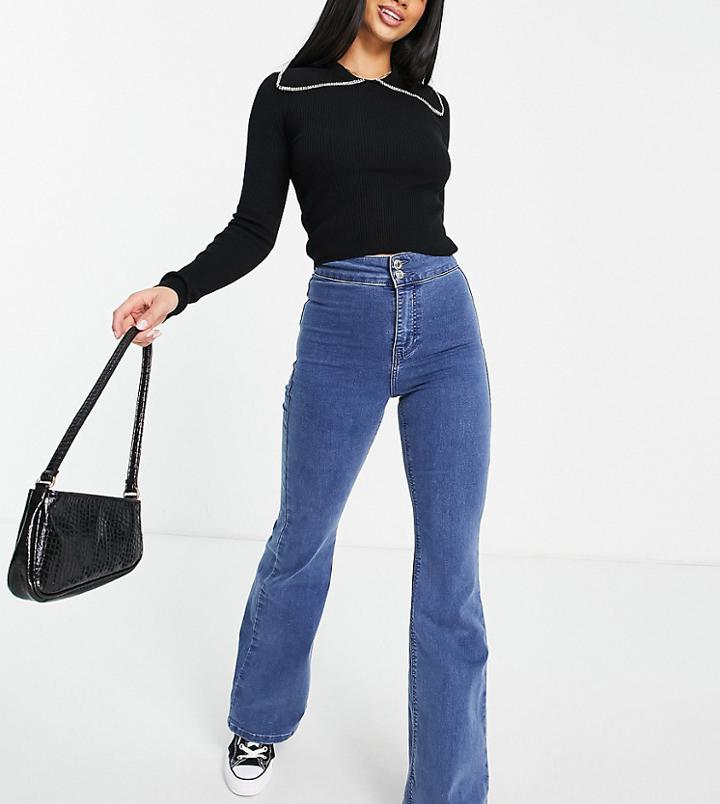 Topshop Petite Recycled Cotton Flared Joni Jeans In Mid Blue-blues