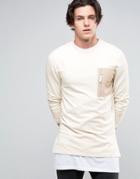 Asos Longline Muscle Fit Sweatshirt With Printed Chest Pocket - Beige