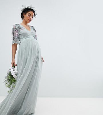 Maya Maternity Embellished Tulle Sleeve Maxi Tulle Dress-green