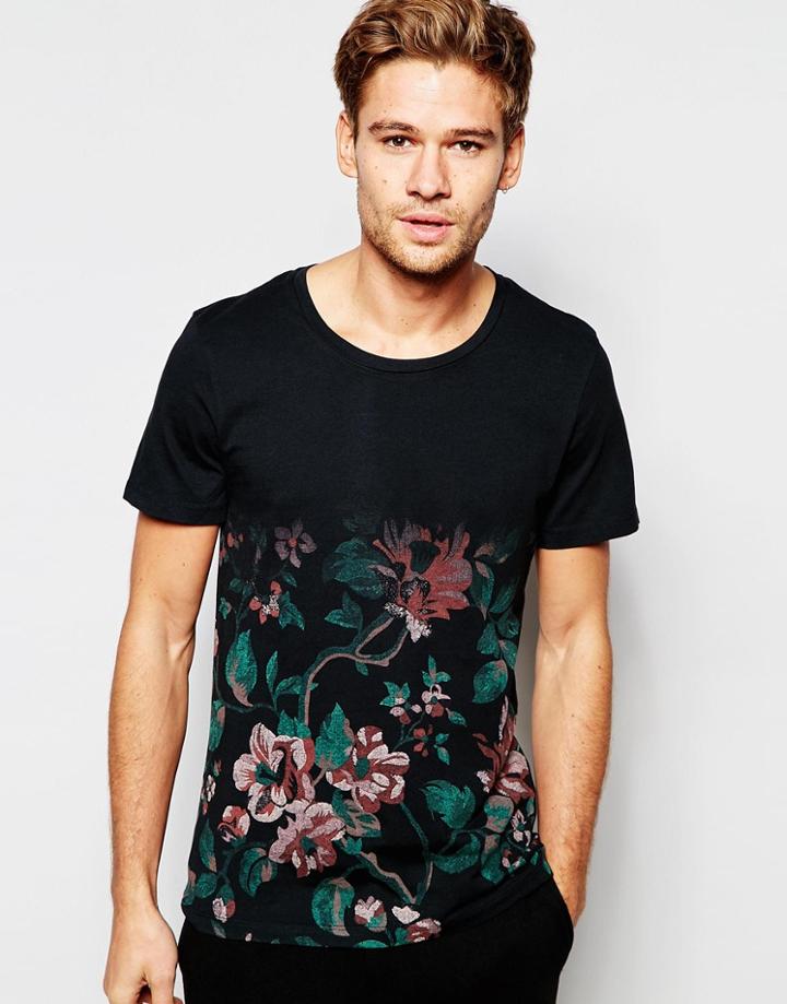 Selected Homme T-shirt With Faded Floral Print - Black