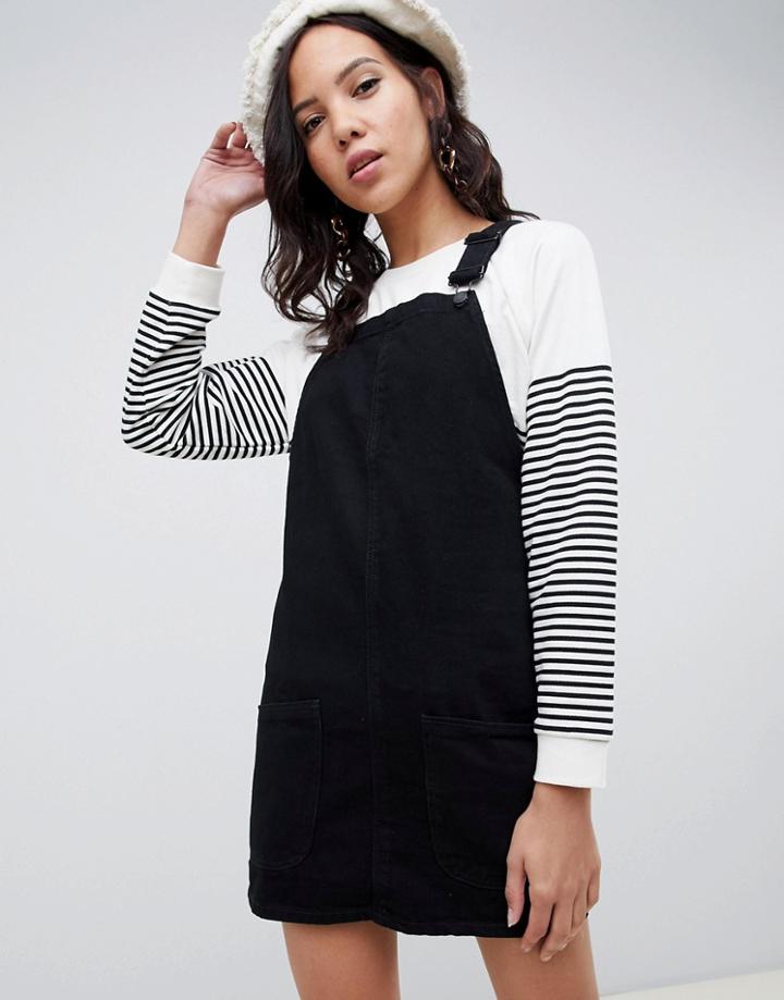 New Look Tall Denim Pinny Dress In Black - Black