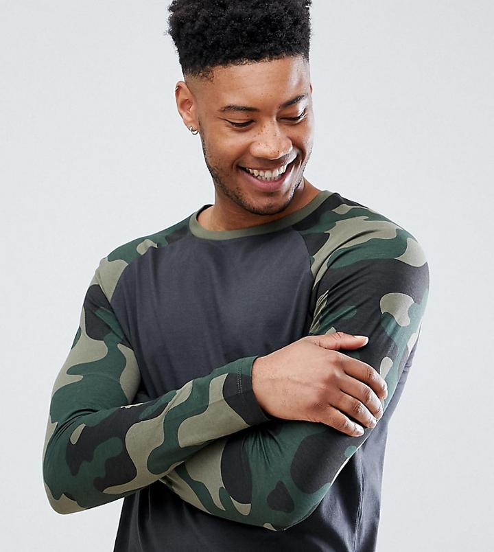 Asos Design Tall Long Sleeve T-shirt With Camo Sleeves - Green
