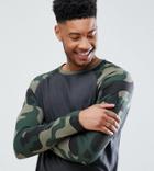 Asos Design Tall Long Sleeve T-shirt With Camo Sleeves - Green