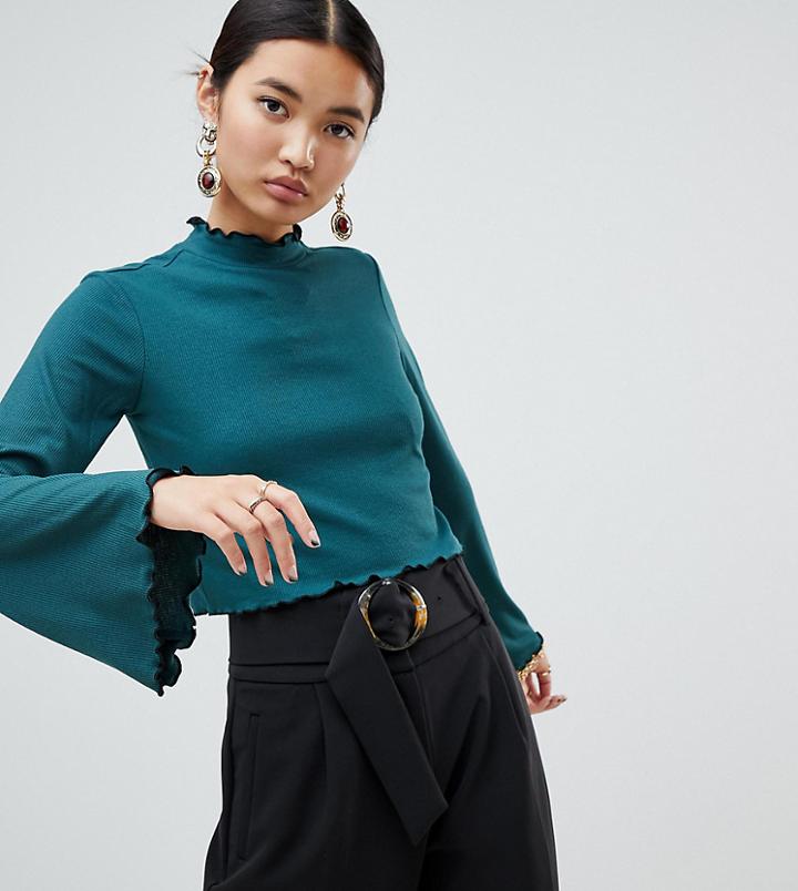 Na-kd High Neck Frill Detail Jersey Top In Green