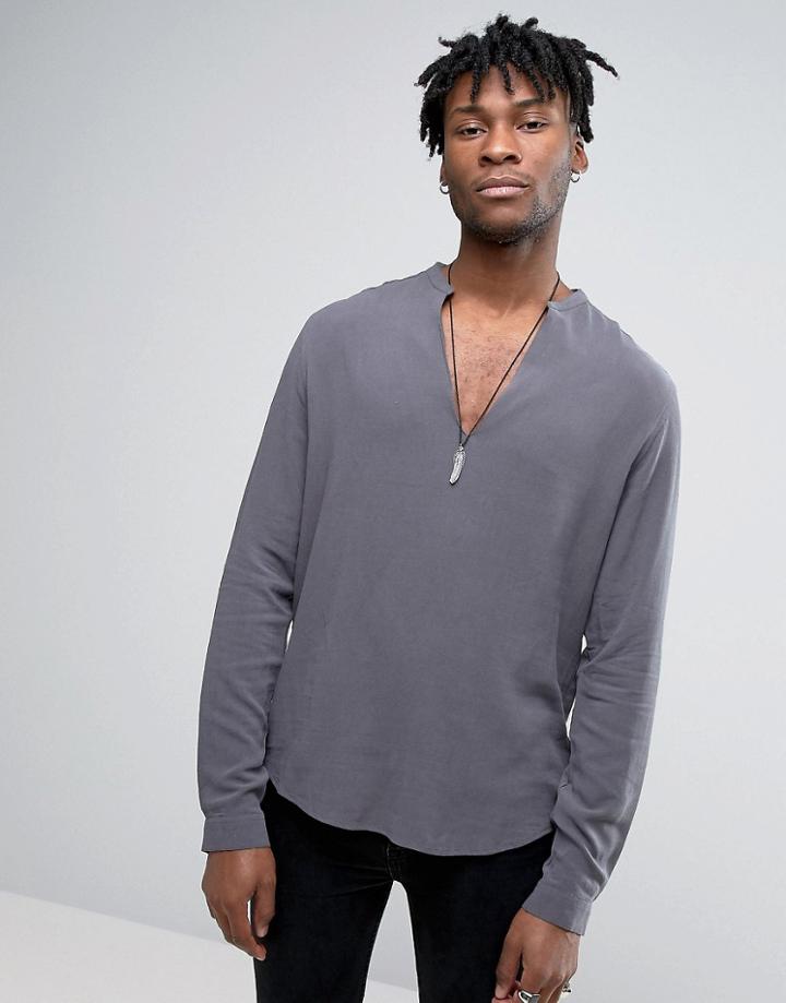 Asos Regular Fit Viscose Shirt With V Neck In Charcoal - Gray