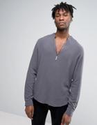 Asos Regular Fit Viscose Shirt With V Neck In Charcoal - Gray