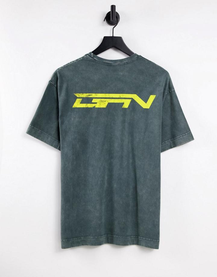 Good For Nothing Oversized T-shirt In Dark Khaki Acid Wash With Back Print-green
