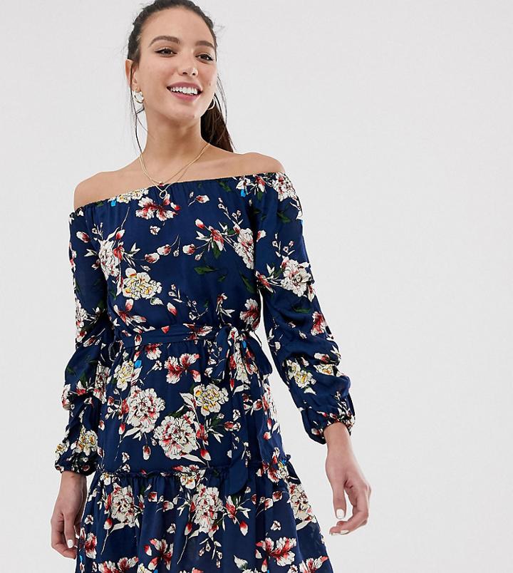 Parisian Tall Off Shoulder Skater Dress In Navy Floral - Navy