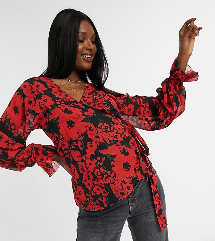 Hope & Ivy Maternity Victorian Ruffle Detail Wrap Blouse In Vibrant Poppy Print-multi
