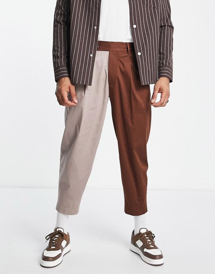 Asos Design Cotton Splice Extreme Balloon Smart Pants In Tonal Brown