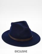 Reclaimed Vintage Fedora With Leather Detail - Navy