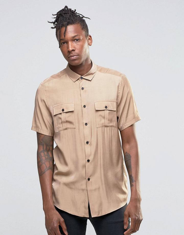 Asos Military Shirt In Stone Viscose In Regular Fit - Beige