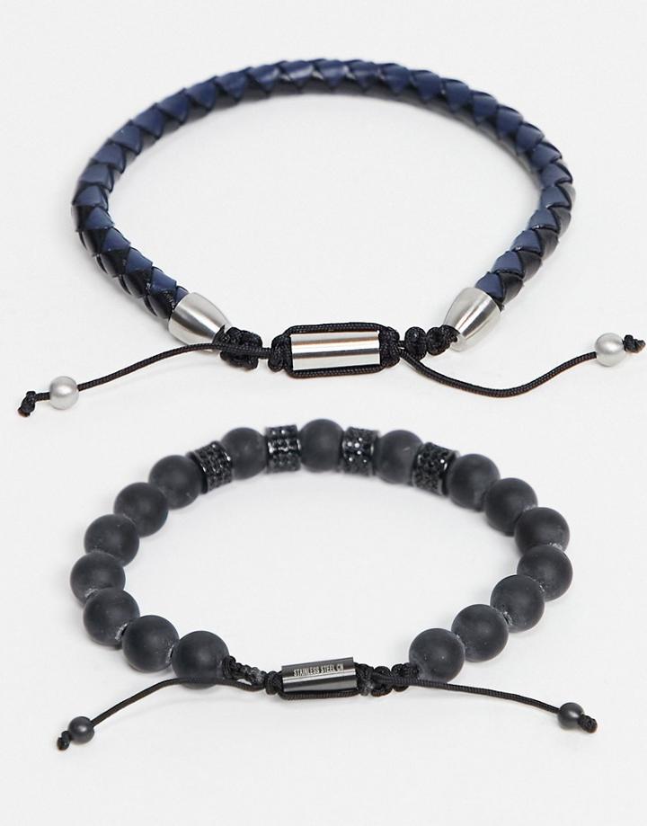 Ben Sherman Beaded And Leather Bracelet Set-black
