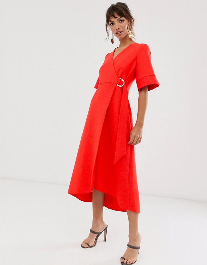 Closet London Wrap Front Kimono Sleeve Pencil Dress In Red