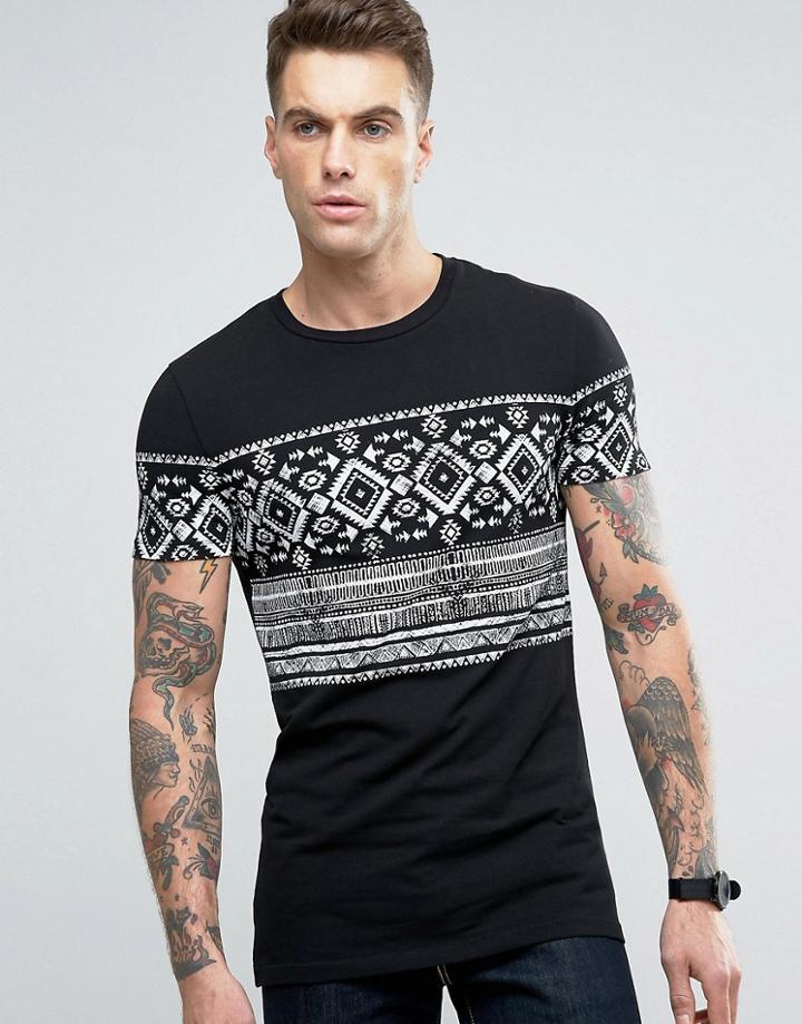Asos Longline Muscle T-shirt With Monochrome Sleeves And Chest Print I