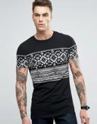 Asos Longline Muscle T-shirt With Monochrome Sleeves And Chest Print I