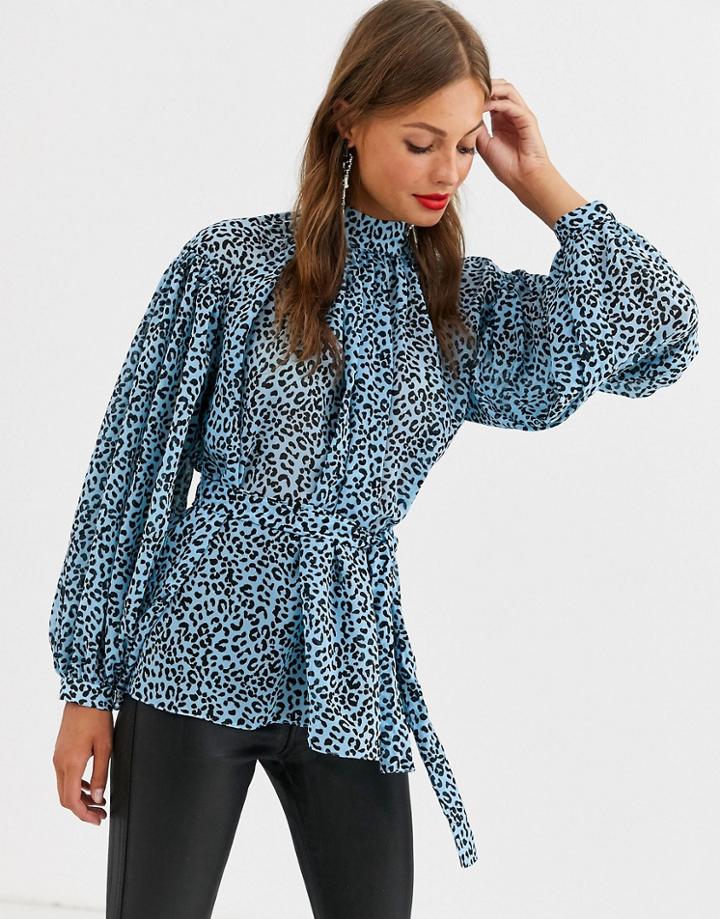 Asos Design High Neck Top With Volume Sleeve In Leopard Animal Print-multi