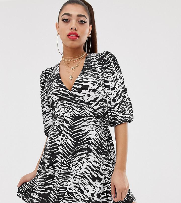 Boohoo Wrap Swing Dress With Puff Sleeves In Zebra - Multi