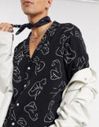 Asos Design Deep Revere Scribble Body Print Shirt In Black