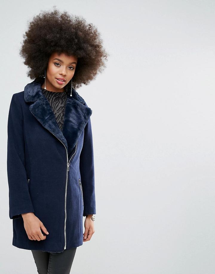Missguided Faux Fur Lined Faux Wool Longline Biker Jacket Navy