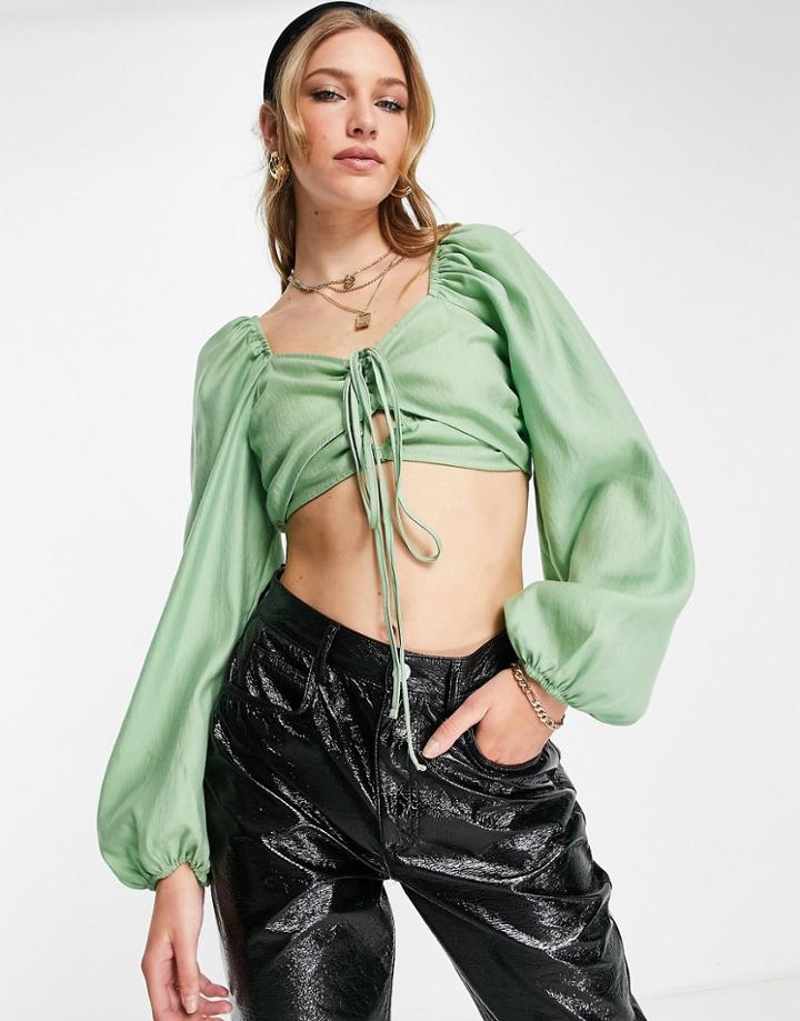 Topshop Ruched Cut Out Balloon Sleeve Top In Green