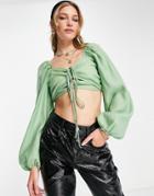 Topshop Ruched Cut Out Balloon Sleeve Top In Green