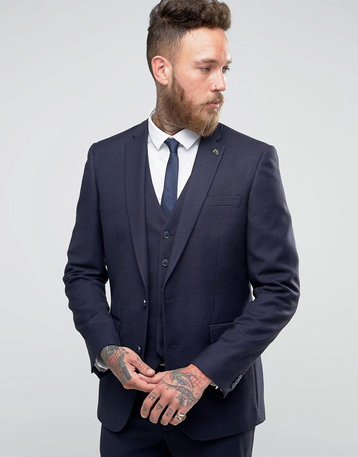 Farah Skinny Flannel Suit Jacket - Navy