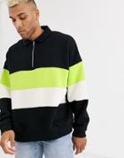 Asos Design Oversized Sweatshirt With Half Zip Harrington Collar & Color Blocking-black