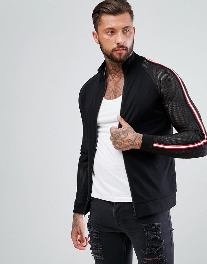Asos Standard Jersey Track Jacket With Mesh Sleeves & Taping - Black