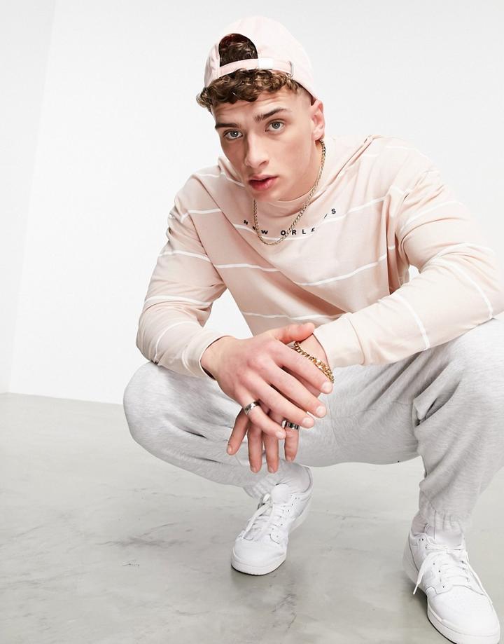 Asos Design Oversized Organic Long Sleeve Stripe T-shirt In Pique With Chest Print-pink