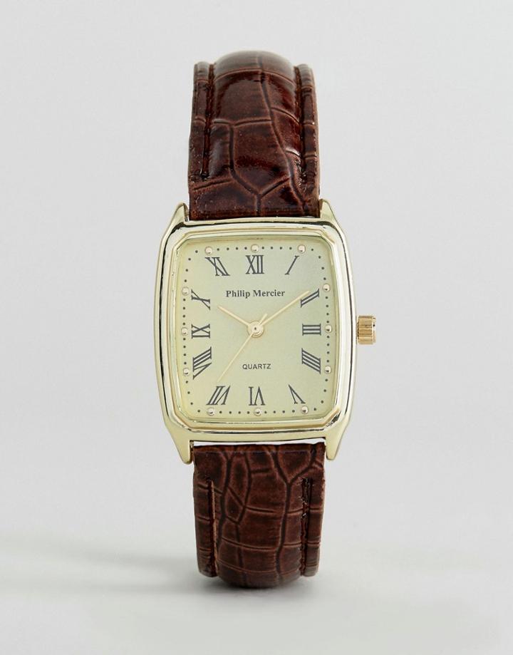 Philip Mercier Brown Strap Watch With Square Dial - Brown