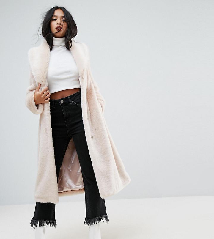 Asos Petite Plush Faux Fur Coat With Belt - Pink