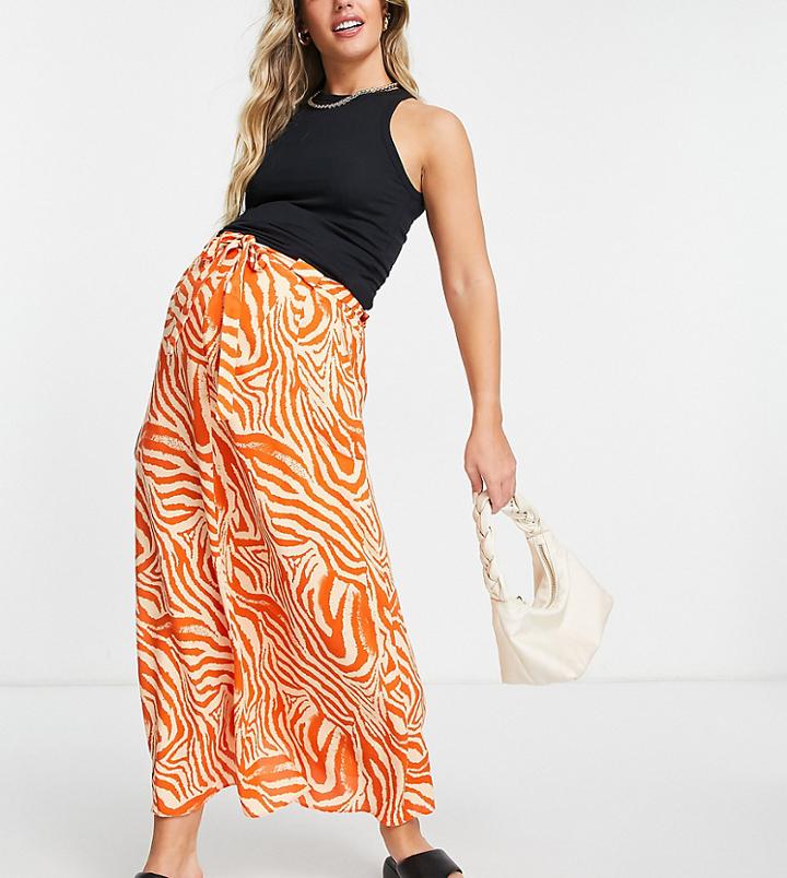 Asos Design Maternity Wrap Maxi Skirt With Pockets In Orange Zebra Print-multi