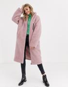 Asos Design Maxi Patched Fleece Coat In Pink-multi