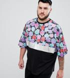 Asos Design Plus Oversized T-shirt With Silver Foil Panel And Floral Yoke - Black