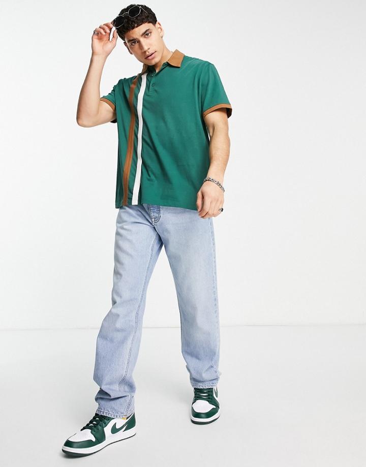 Asos Design Relaxed Polo T-shirt In Green With Brown & White Color Block