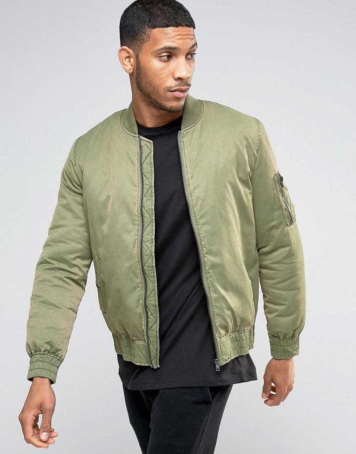 Asos Bomber With Wash & Ma1 Pocket In Khaki - Green