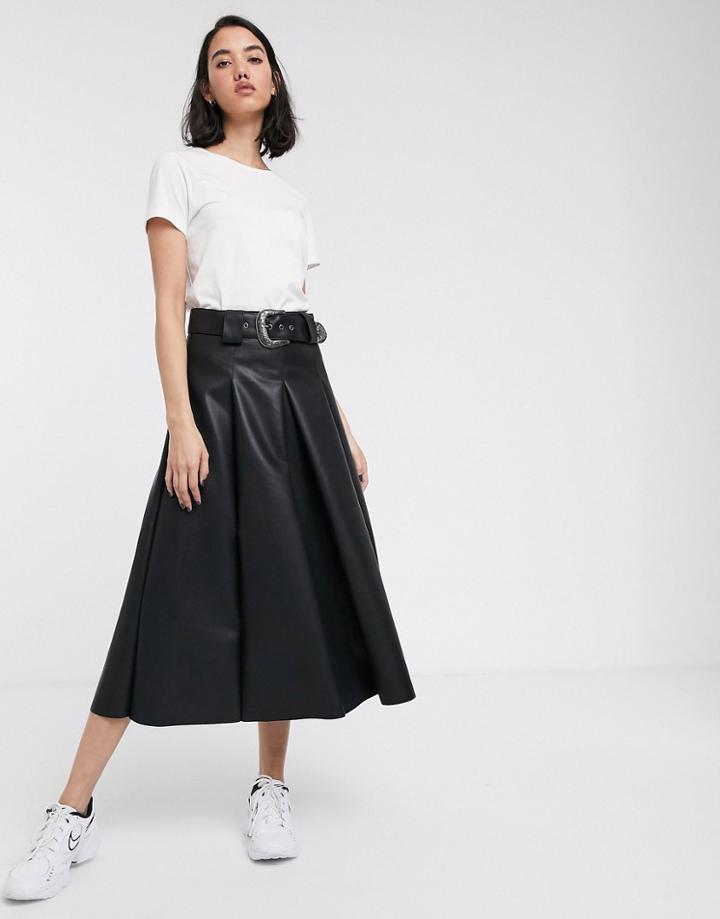 Asos Design Leather Look Full Midi Skirt With Western Belt-black
